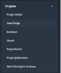 MOYS projeler modülü sol menüsü