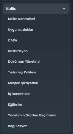 MOYS kalite modülü sol menüsü