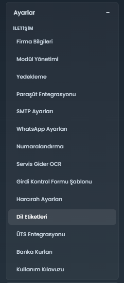 MOYS ayarlar sol menüsü