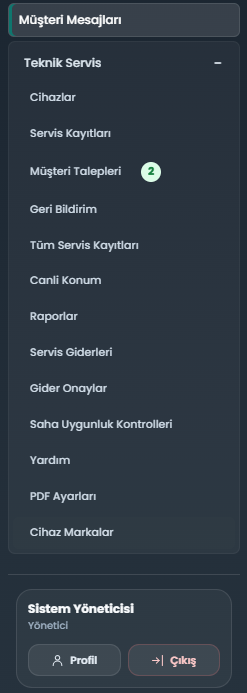 MOYS teknik servis sol menüsü